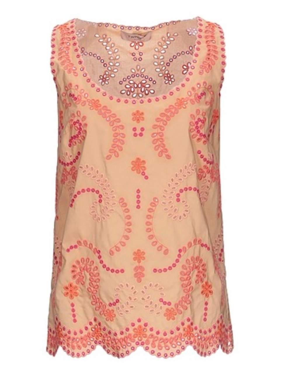 Twinset Sand coloured top, Red & Pink Embroidered Cutouts Sz 4/6, 100% Cotton